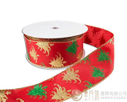 金蔥花紋緞帶-6cm金綠聖誕樹(大捲)